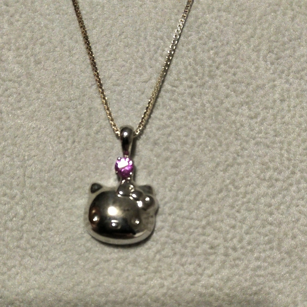Hello Kitty Sterling Silver Necklace with Pink Gemstone - Picture 3 of 4